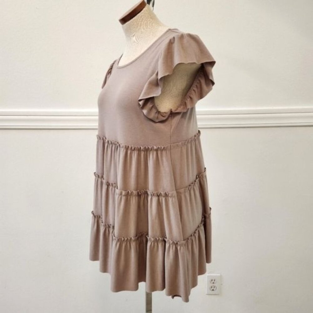 Zenana Ash Mocha Tiered Mini Dress Flutter Sleeve Tan Sleeveless Size Medium - Picture 7 of 12